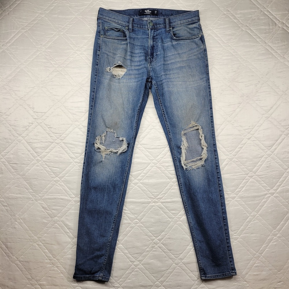 Hollister Super Skinny‎ distressed and stained blue jeans size 33X32